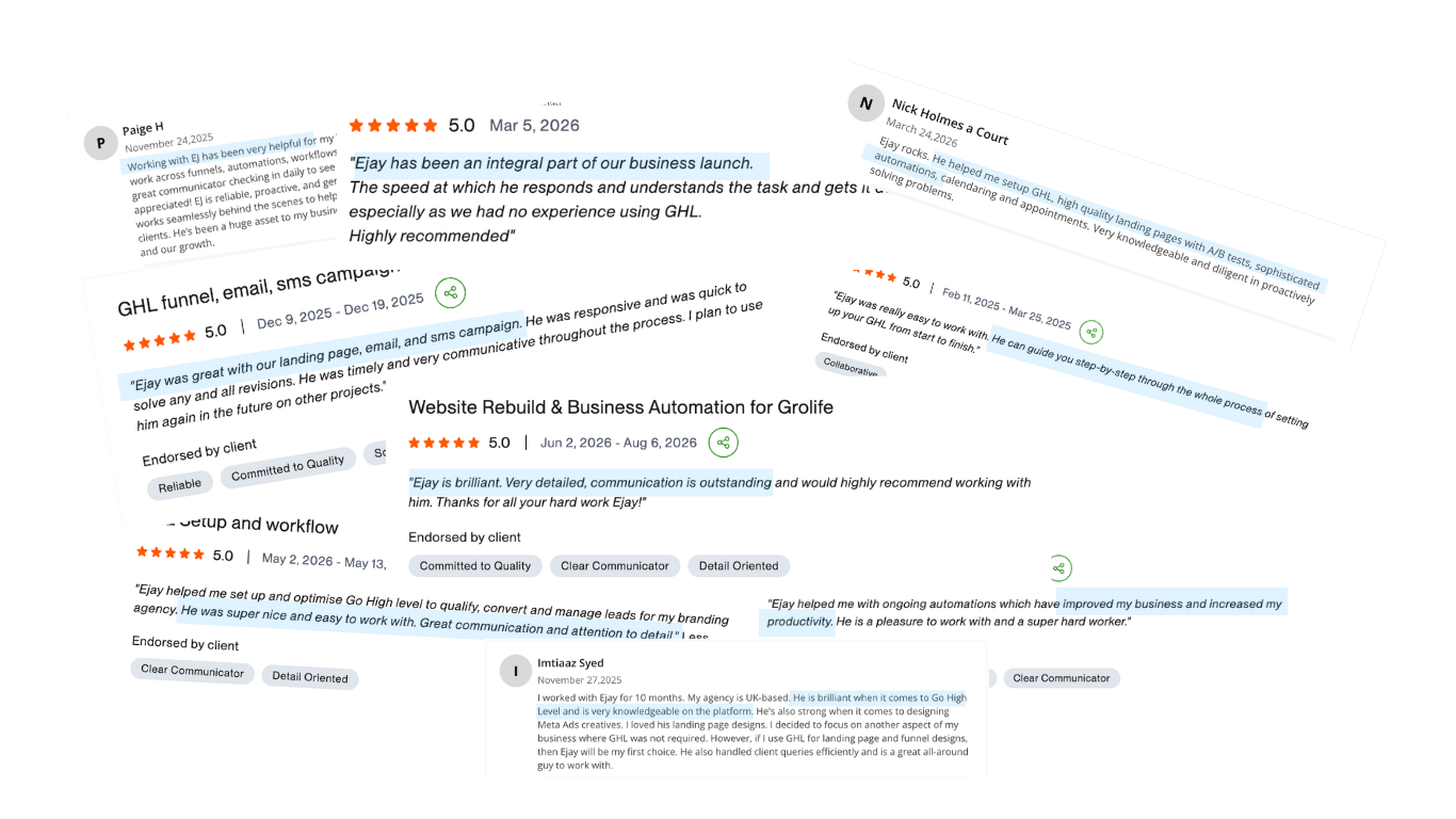 Five star client reviews from Upwork